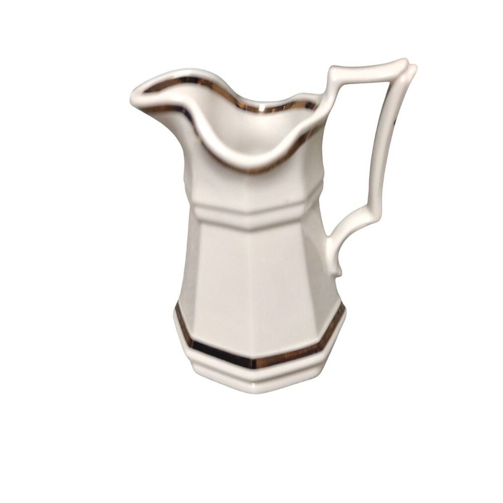 Red Cliff Ironstone White Pitcher Gold Trim 7" Vintage Kitchenware Decor USA